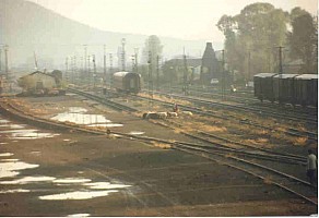 Kars Yard (telephoto) Note sheep on carriage sidings, to the right is the line to Akyaka, and beyond is the loco shed. Photo Malcolm Peakman 1997