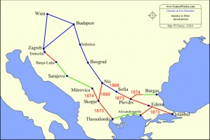 Schematic map of Eastern Europe. This map illustrates the south route vs the north route. Drawing JP Charrey